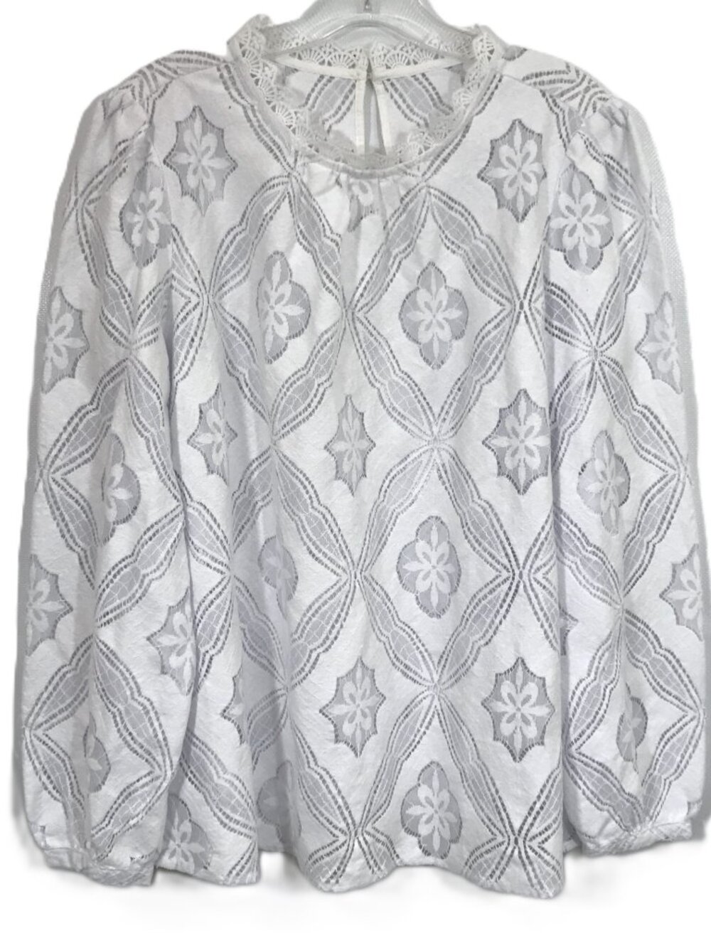 Semi Sheer Lace Eyelet Blouse Ruffle Neck White Women Sz 14